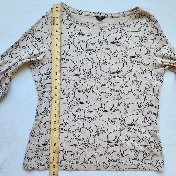 Kitty Cat Print Top Shirt Tan Black Whimsigoth Witchy Halloween Spirit Fairycore - Picture 13 of 15